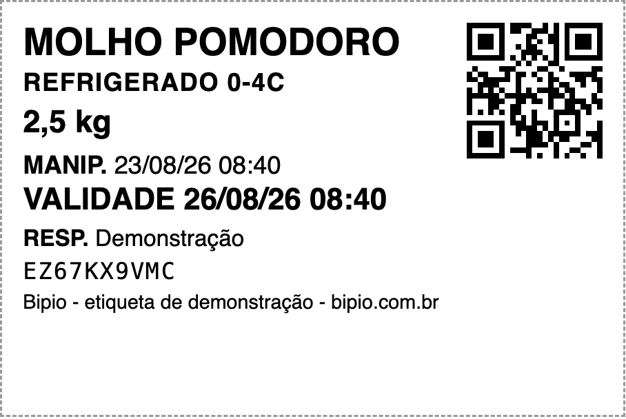 Etiqueta do Bipio: molho pomodoro, refrigerado 0 a 4 °C, 2,5 kg, manipulação e validade com data e hora, responsável, código por extenso e QR.