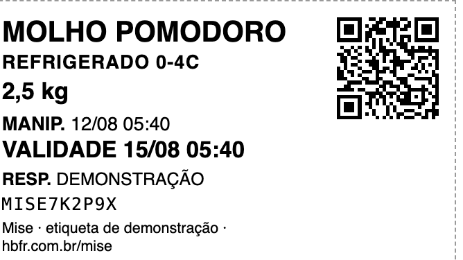 Etiqueta do Bipio: molho pomodoro, refrigerado 0-4°C, 2,5 kg, manipulação e validade com data e hora, responsável e QR.