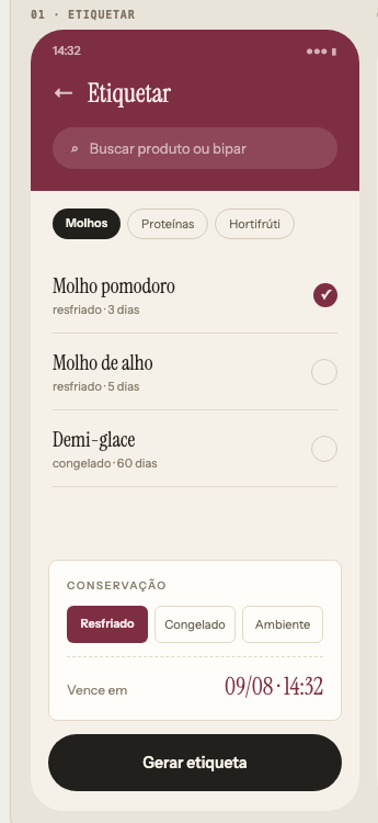 Tela de etiquetar do Bipio: busca, categorias, lista de preparos com o prazo de cada um, escolha da conservação e a validade já calculada.