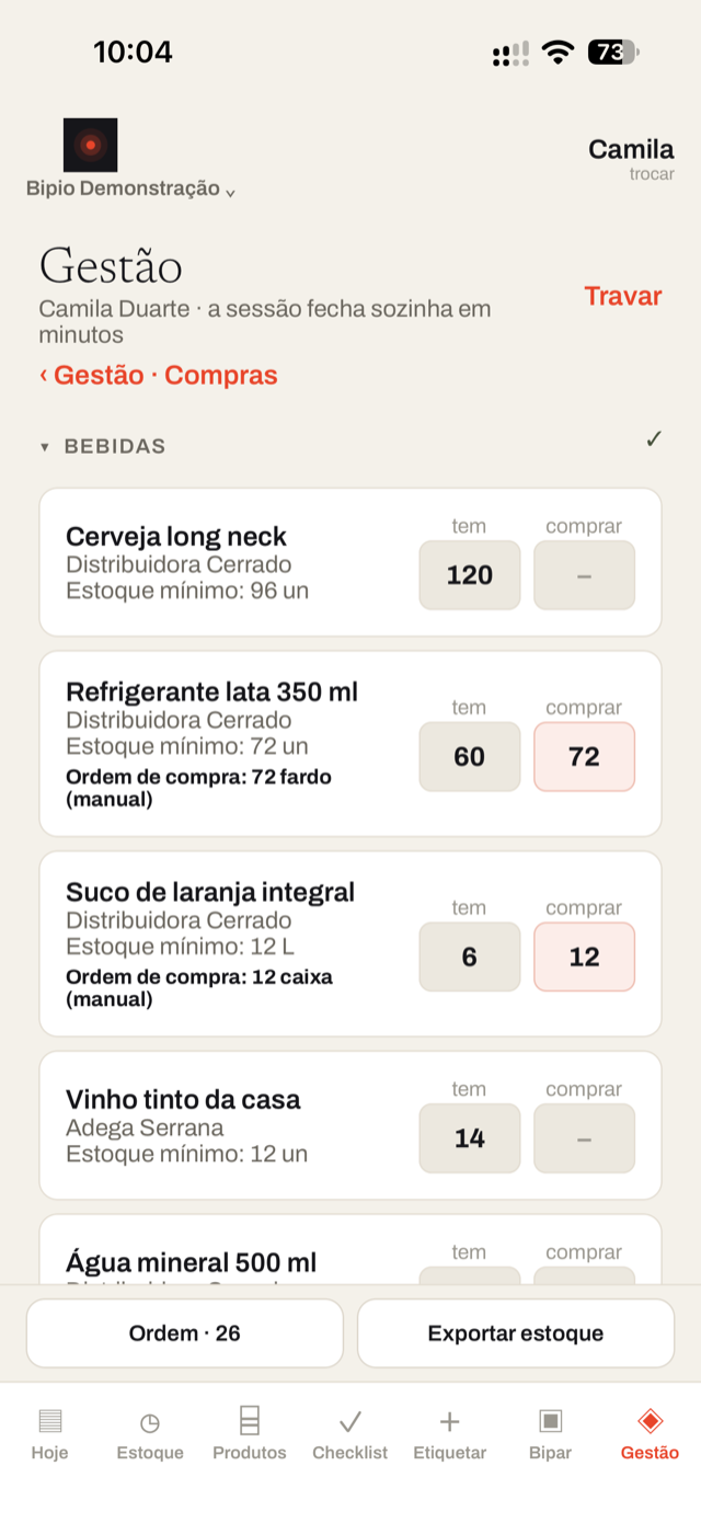Compras da semana por seção: o que tem, o mínimo e quanto comprar, com a ordem por fornecedor.